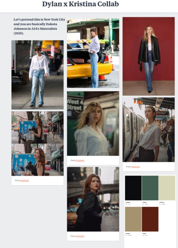 A collage of women posing stylishly on city streets, including in front of a yellow taxi and subway entrance, with a color palette and Instagram credits below each photo. Text above reads "Dylan x Kristina Collab.